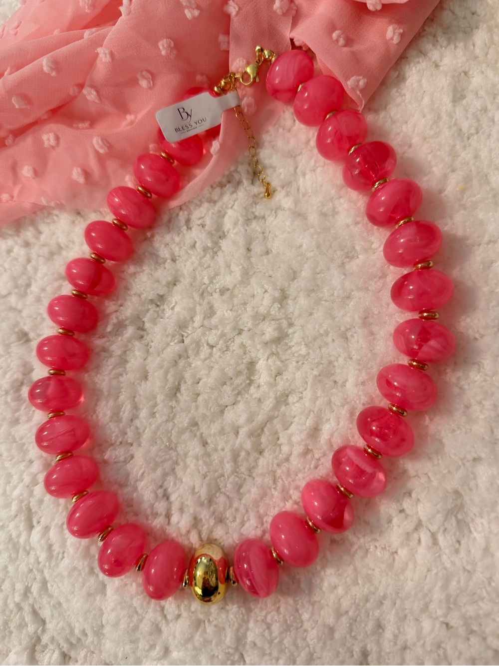 Hot Pink Beaded Necklace with Gold Accents
